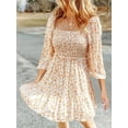 thumbnail image 2 of Women's Smocked Floral Square Neck Dress 100% Polyester Ruched Stretch Lightweight Knee Length Elegant Everyday Wear, 2 of 8