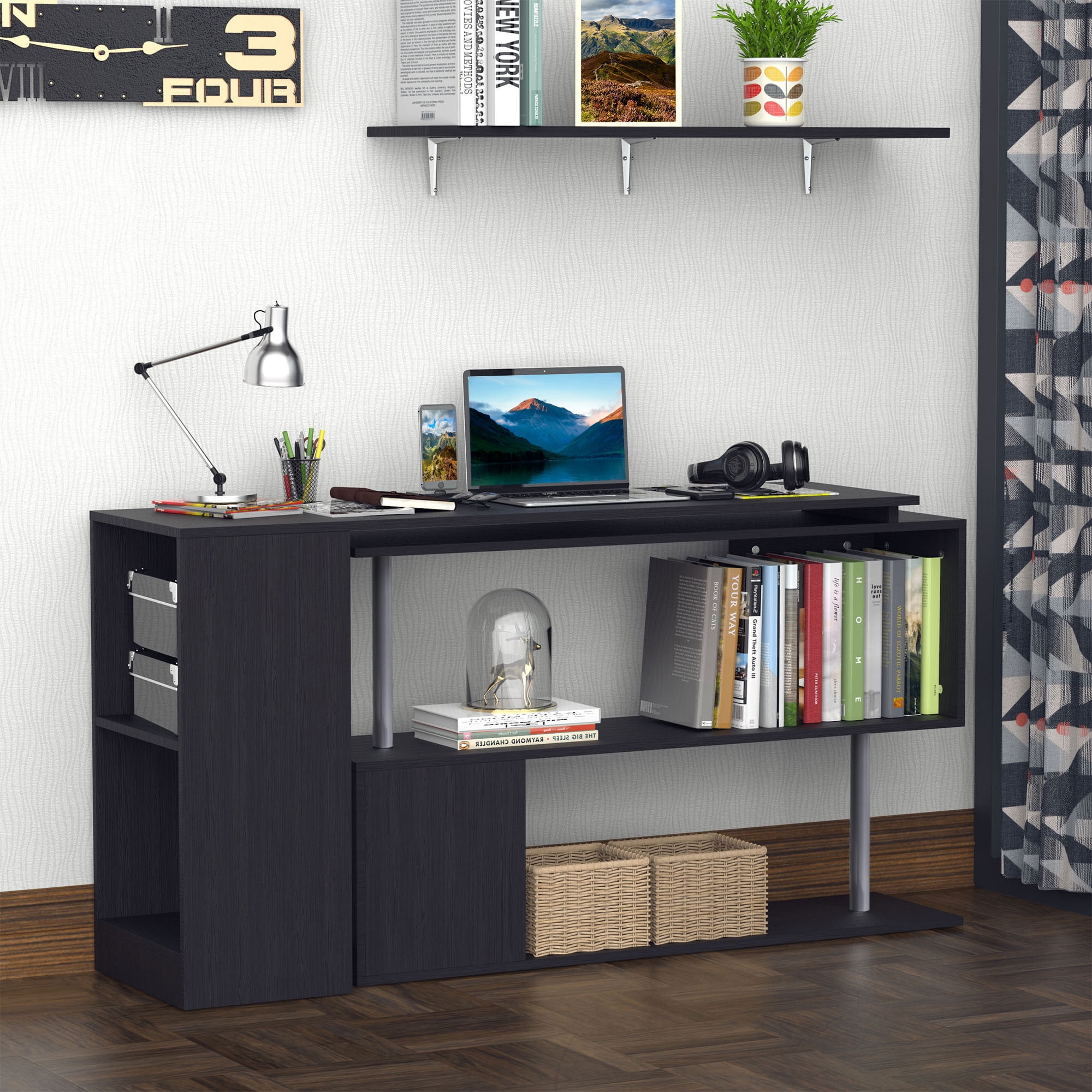 HomCom 55" 360° Rotating Corner Computer Desk Modern L-Shaped Home Office Workstation with 3-Tier Storage Shelves, Bookshelf, Black