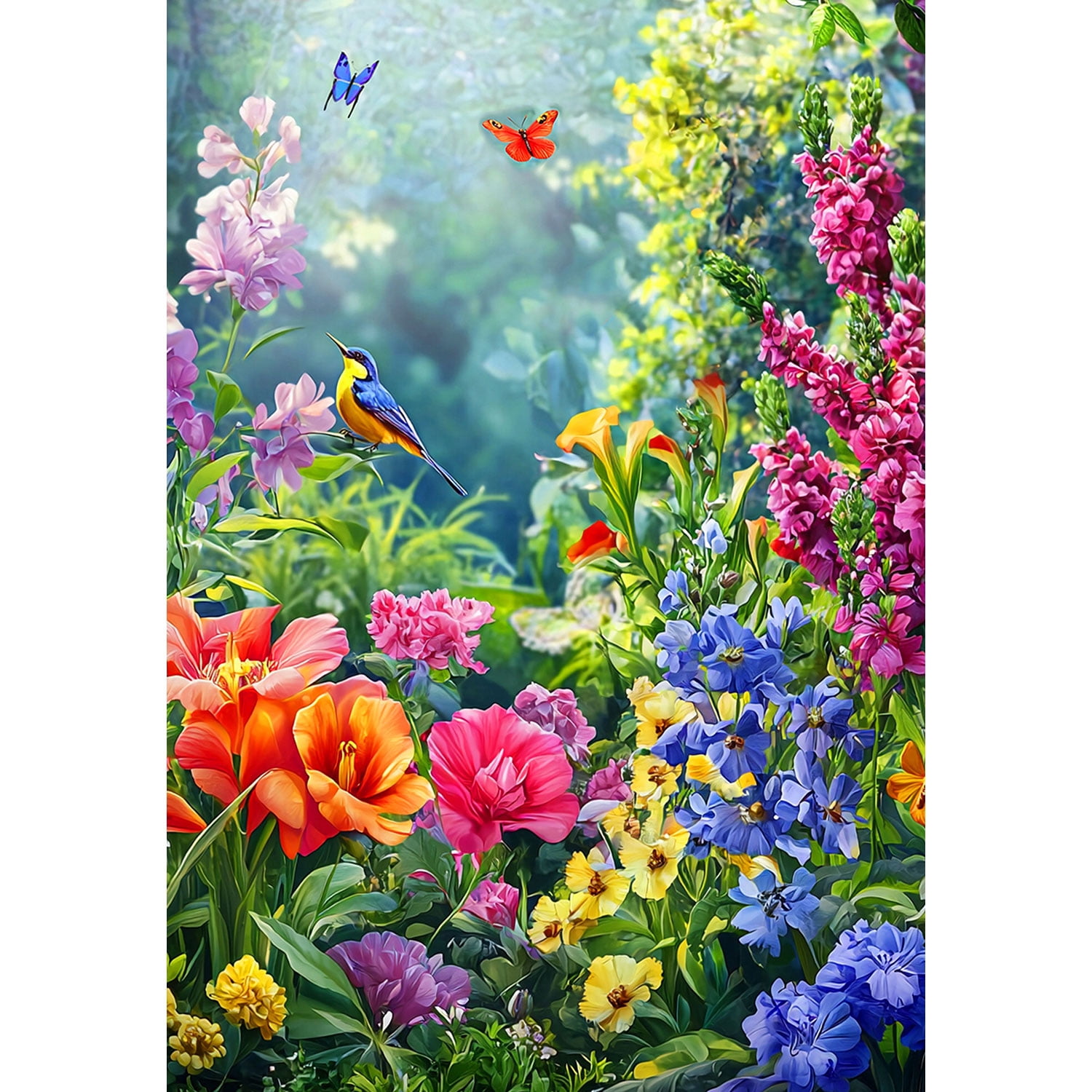 America Forever Summer Garden Bird House Flag, 28 x 40 inch Double Sided, Flowers Butterfly Wildlife, Spring Cottage Nature Banner
