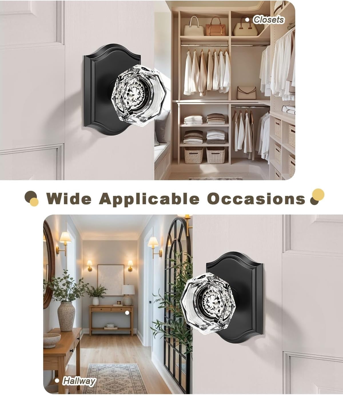 5 Pack Clear Crystal Door Knobs,Diamond Glass Passage Door Handles Locks for Closet Hallway,Keyless Interior Door Knob with Matte Black Rosette