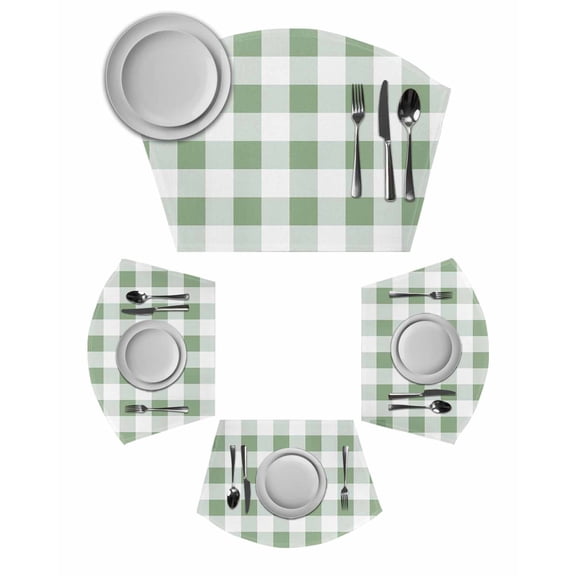 Sage Green Checkered Wedge Shaped Placemats Set of 4, Cotton Linen Fan Place Mats, Green White Buffalo Plaid Washable Table Mats for Holiday Wedding Party Dinning Coffee Tables 11.8"x17.5"