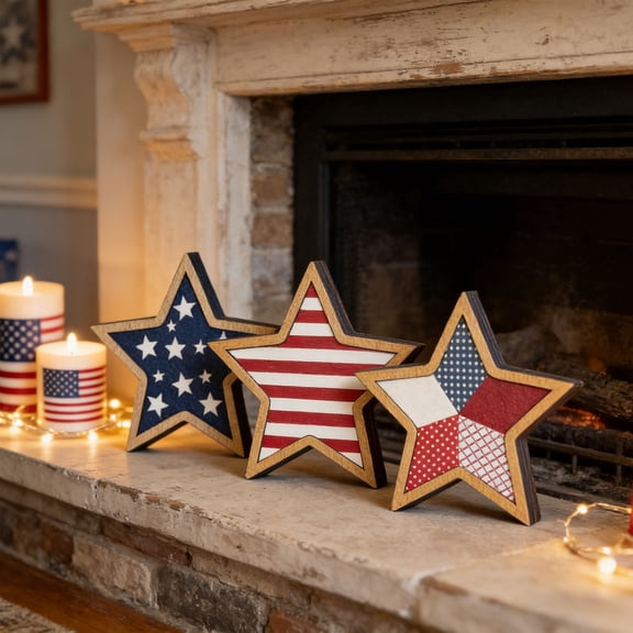 Japceit 3Pcs 4Th Of July Decorations Wooden Stars,Red White Blue Patriotic Decor, Independence Day Ornaments Set,For Home Office Table Shelf