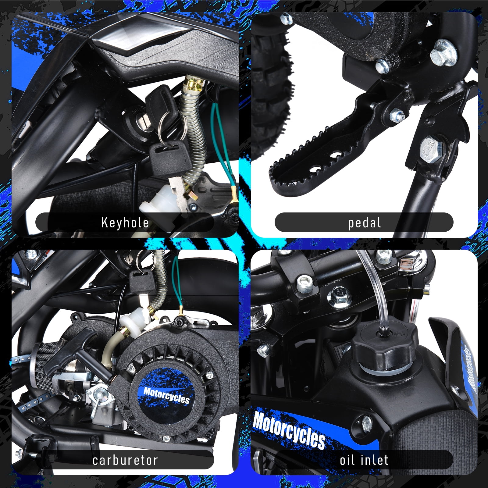 Fompes Mini Gas Bike, Off-Road Dirt Bike, Gas Powered 2-Stroke Pocket Bike with Front Rear Disc Brakes, Shock Absorption, Easy Pull Start, Speed Up to 25 Mph, Blue