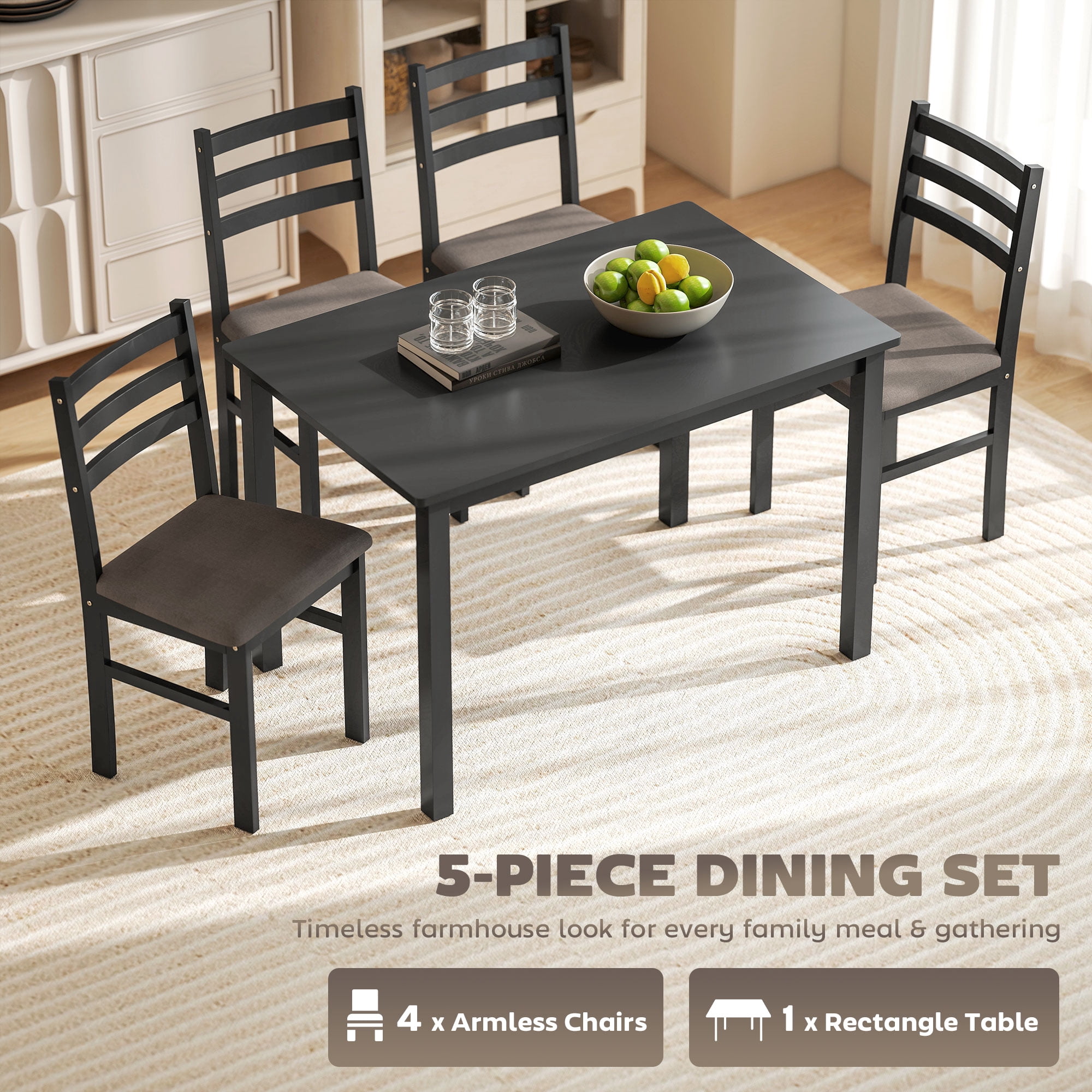 Farmhouse Dining Table and Chair Set, 5-Piece Kitchen Table with 4 Chairs, Black