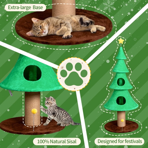 59in Large Tall Christmas Tree Cat Tower with 2 Cat Condos & Scratching Post, Soft Fleece Cat Tree with Teaser Toy & Sturdy Base & Built-in Openings for Indoor Cats, Green