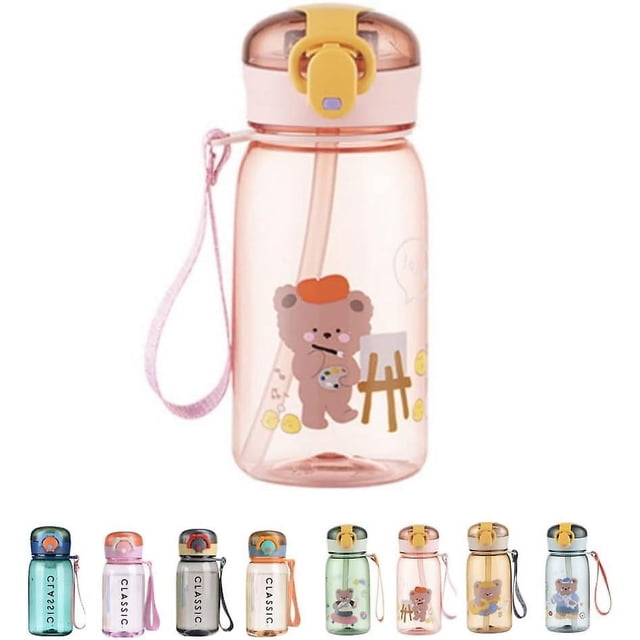 Botella de agua para niños, botella de agua para la escuela, botellas deportivas de plástico, sin Bpa, botellas de agua pequeñas para interiores y exteriores, 14 onzas (rosa con pa