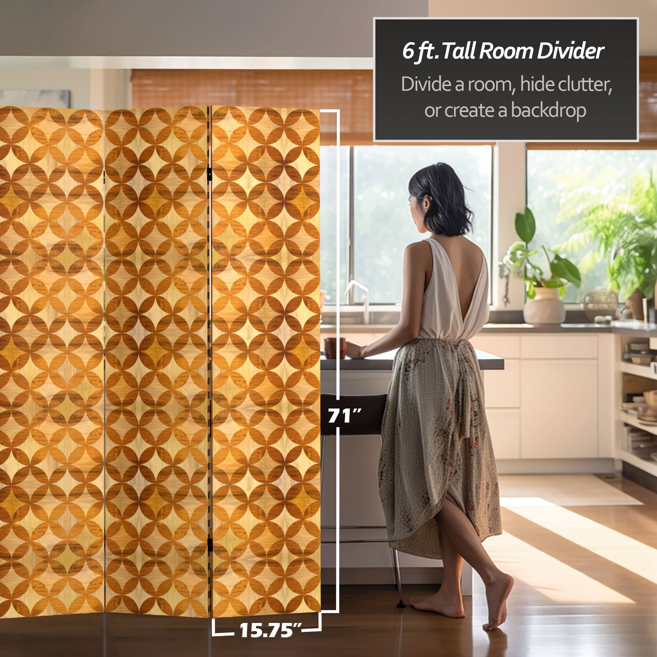 Oriental Furniture 6 ft. Tall Double Sided Japanese Wood Pattern Canvas Room Divider