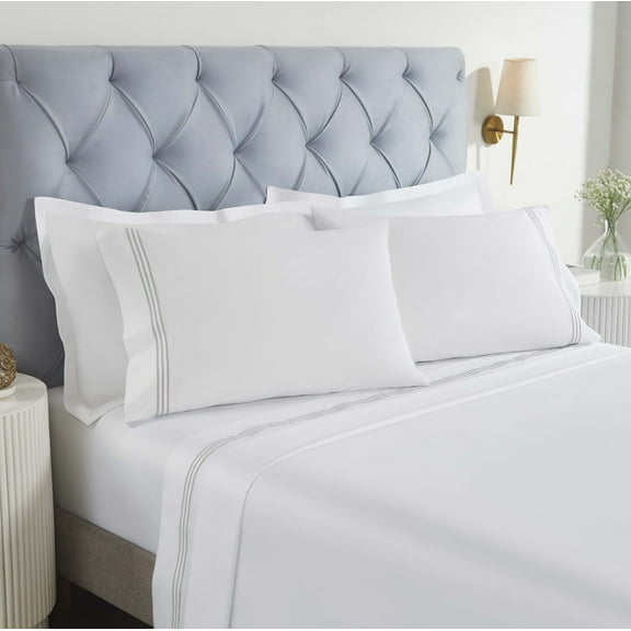 Superior Brandon Embroidered Cotton Bed Sheet Set, California King, White/Silver