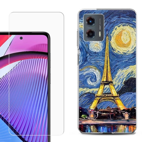 OneToughShield ® Compatible with Motorola Moto G 5G 2023, Shockproof Phone Case, with Tempered Glass Screen Protector - Starry Night Eiffel