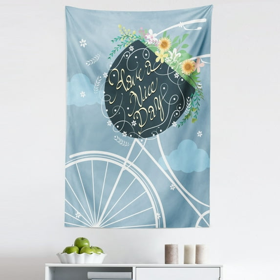 Saying Tapestry, Have a Nice Day Calligraphy on Bicycle Basket with Colorful Flowers, Fabric Wall Hanging Decor for Bedroom Living Room Dorm, 5 Sizes, Pale Sky Blue Multicolor, by Ambesonne