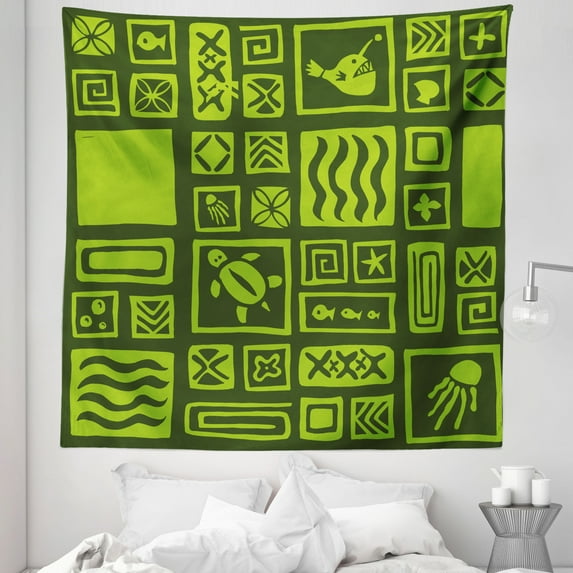 Luau Tapestry, Monochrome Tiki Pattern Doodles with Motifs and Various Shapes Aloha Feels, Fabric Wall Hanging Decor for Bedroom Living Room Dorm, 5 Sizes, Olive Green Lime Green, by Ambesonne