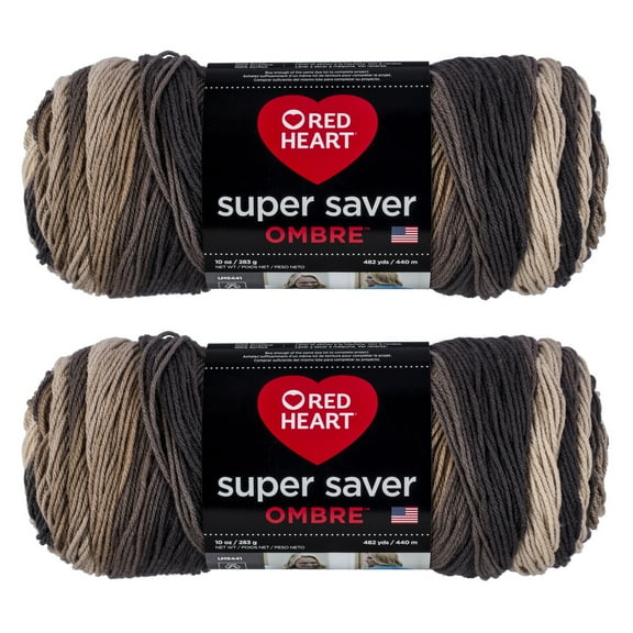 Red Heart Super Saver Jumbo Hickory Ombre Yarn - 2 Pack of 283g/10oz - Acrylic - 4 Medium (Worsted) - 482 Yards - Knitting/Crochet