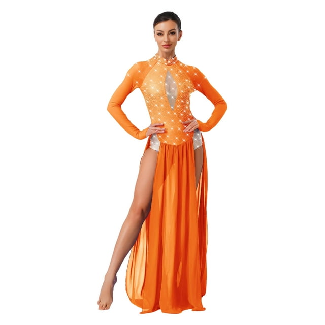 inlzdz Womens Shiny Rhinestone Modern Contemporary Lyrical Dance Dress Chiffon Slit Hem One Piece Orange M