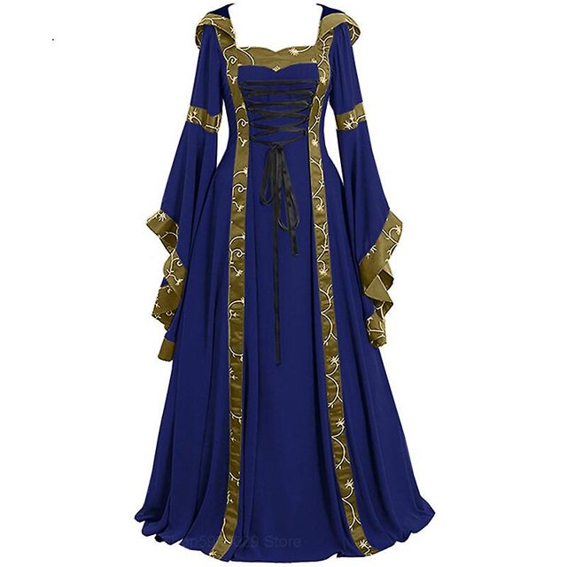 Señoras Cuello cuadrado Manga acampanada S-5xl Azul--L-Medieval Sincero Electrónica