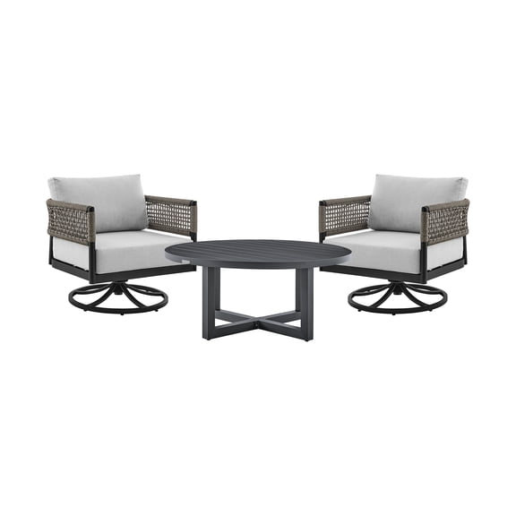 Felicia and Argiope 3 Piece Patio Outdoor Swivel Seating Set in Black Aluminum with Grey Rope and Cushions