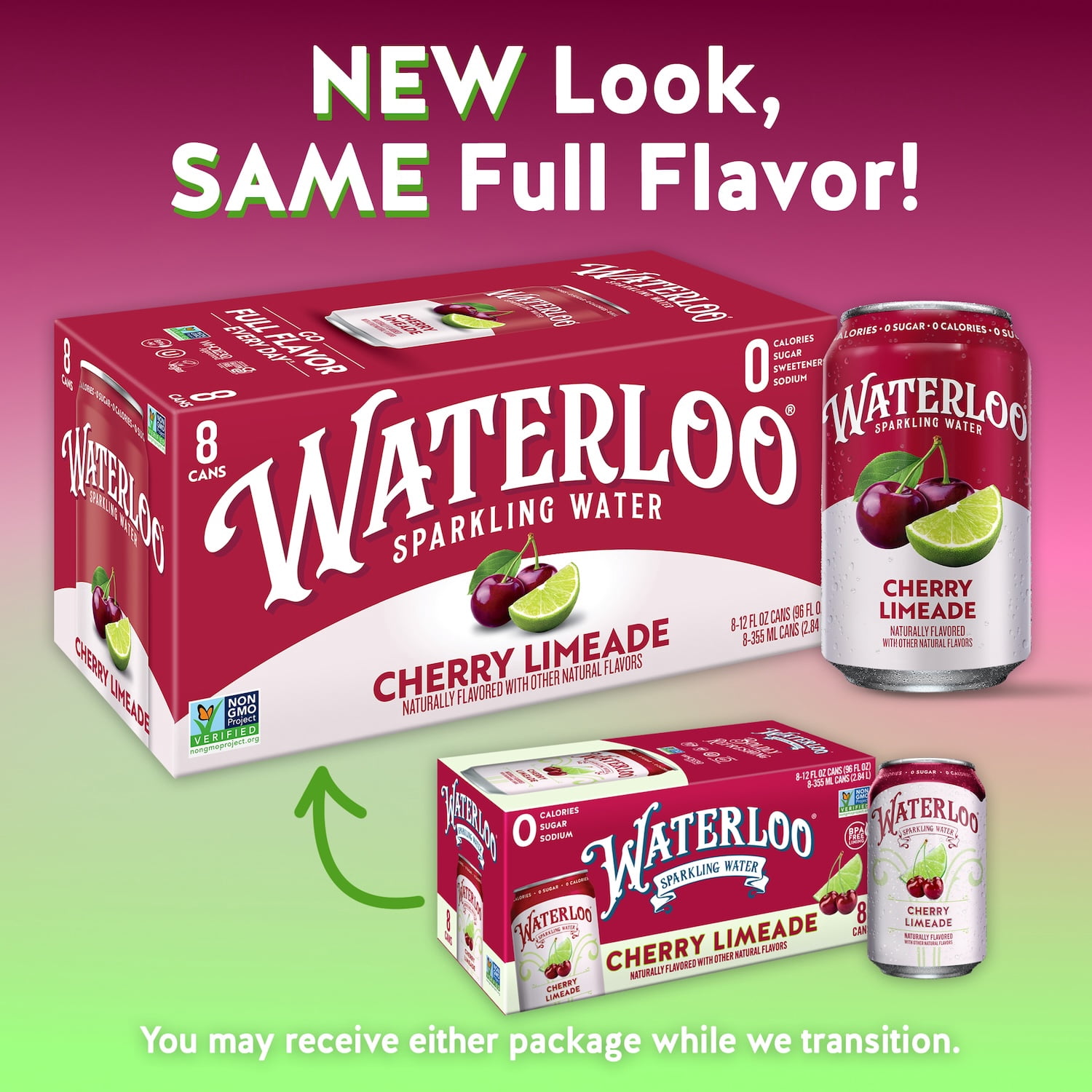 (3 pack) Waterloo Sparkling Water, Cherry Limeade, 12 fl oz, 8 Pack Cans