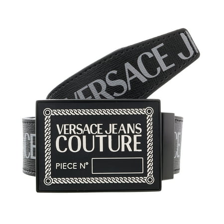 Versace Jeans Couture Black Leather Signature Print Plate Buckle-Adjustable Reversible Belt for Mens