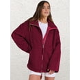 thumbnail image 2 of Osfvolr Womens Jacket Oversized Zip Up High Collar Long Sleeves Fuzzy Casual Winter Fall Coats with Pockets Wine Red M, 2 of 8