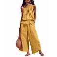 thumbnail image 2 of Women'S Linen 2 Piece Outfits Sleeveless Ruffle Top Wide Leg Pants Summer Loungewear Beach Sets Yellow M, 2 of 8
