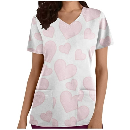 

CYMMPU Women s V-Neck Pocketed Scrub_Tops Nurse Workwear Uniform Clearance Going out Tops Summer Tees Short Sleeve Shirts Trendy Valentine s Day Tunic Love Heart Printing Fashion Tshirts Pink M