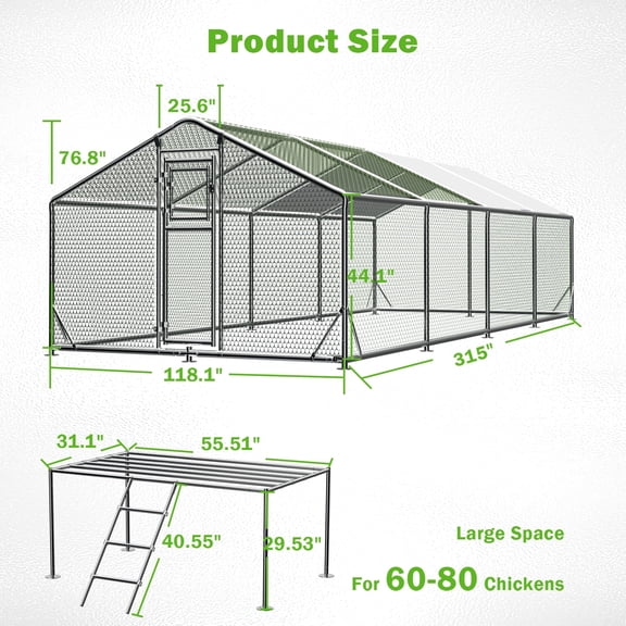 WUKHG Large Walk-in Chicken Coop with Roosting Perch Ladder - Metal Enclose Chicken Coops with Roof, Outdoor Cage Dog Kennel, Predator Protection for Backyard Animals, 9.8x26.2x6.4ft