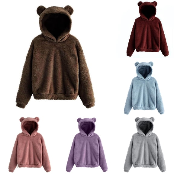 Likimi Womens hoodies With Ears Long Sleeve hooded Sweatshirt Solid Color Autumn Winter Warm Comfortable Pullover Coffee Size L