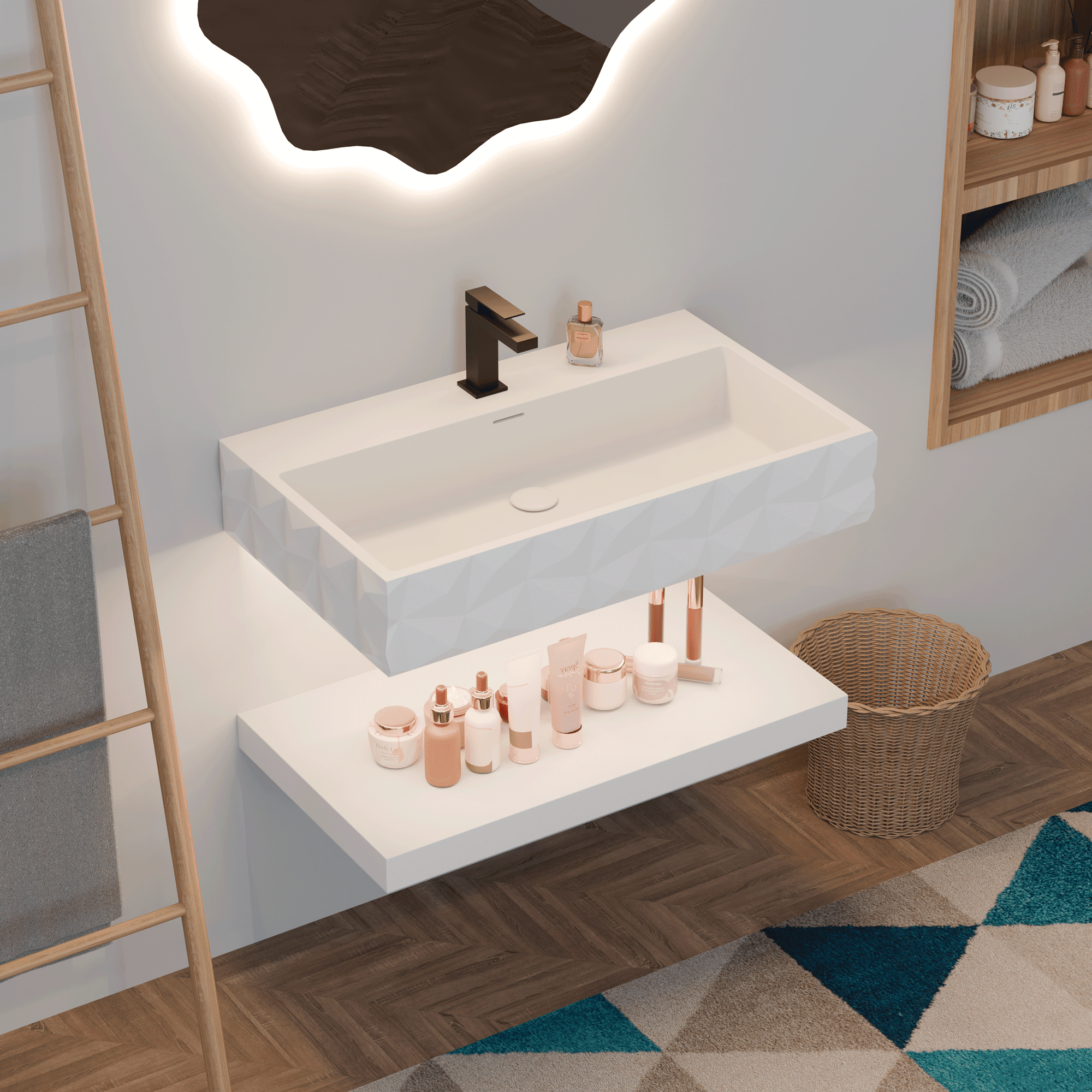 GESIPOR 32"x19" Bathroom Floating Vanity Sink with LED Light, Wall-Mount Stone Resin Bathroom Vessel Sink Rectangular Modern Art Basin with Shelf Layer