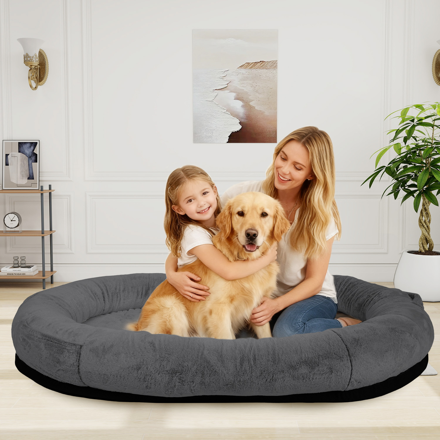 Hidpriva Human Dog Bed for Adults, 71" Extra Large Human-Sized Dog Bed, Washable Faux Fur with Blanket and Pillow,Dark Grey