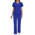 thumbnail image 4 of Womens Scrubs Comfy V-Neck Short Sleeve Tops And Long Jogger Pants Two Piece Solid Color Nurse's Workwear Suits Blue S-2xL, 4 of 9