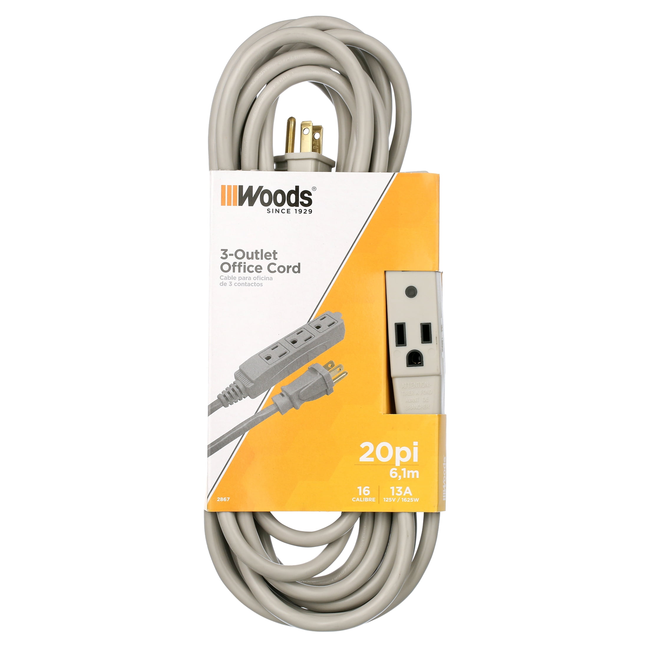 Woods 2867 3-Outlet Extension Cord with Power Tap, 20-Foot, Gray