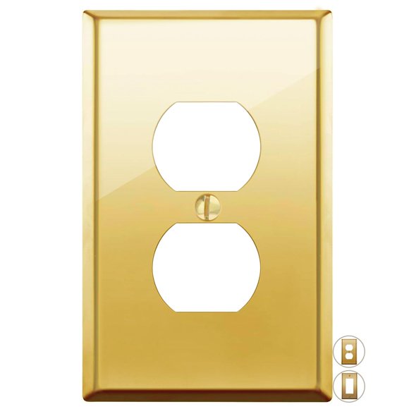 Rio Salto BRASS Polished Gold Duplex Outlet Cover Wall Plate MID SIZE Corrosion Resistant Single Duplex Receptacle Lightswitch Metal Wallplate Covers (1-Gang Single Gang Mid Size)
