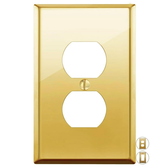 Rio Salto BRASS Polished Gold Duplex Outlet Cover Wall Plate MID SIZE Corrosion Resistant Single Duplex Receptacle Lightswitch Metal Wallplate Covers (1-Gang Single Gang Mid Size)
