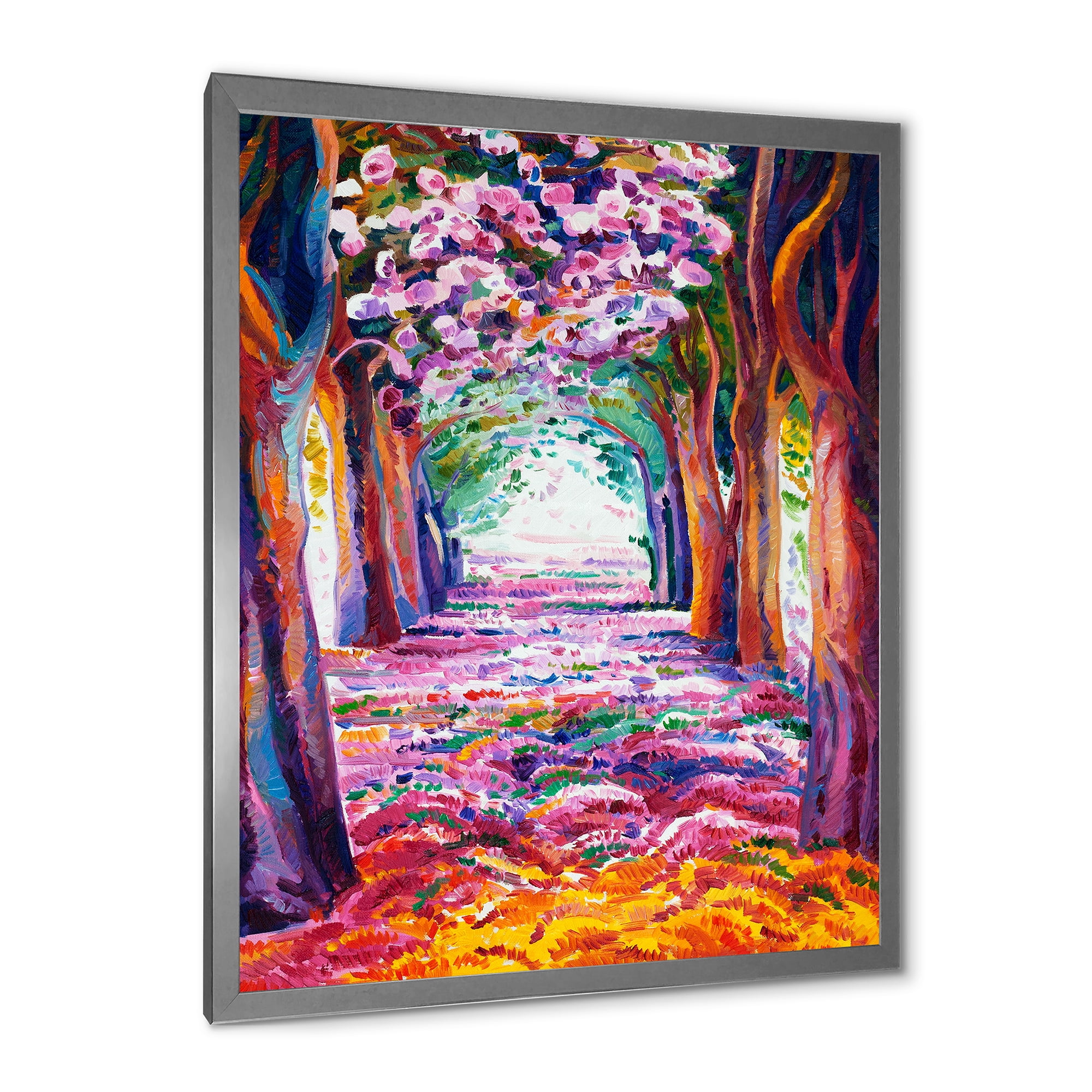 Pink Flowering Colorful Spring Forest 12 in x 20 in Framed Painting Canvas Art Print, by Designart