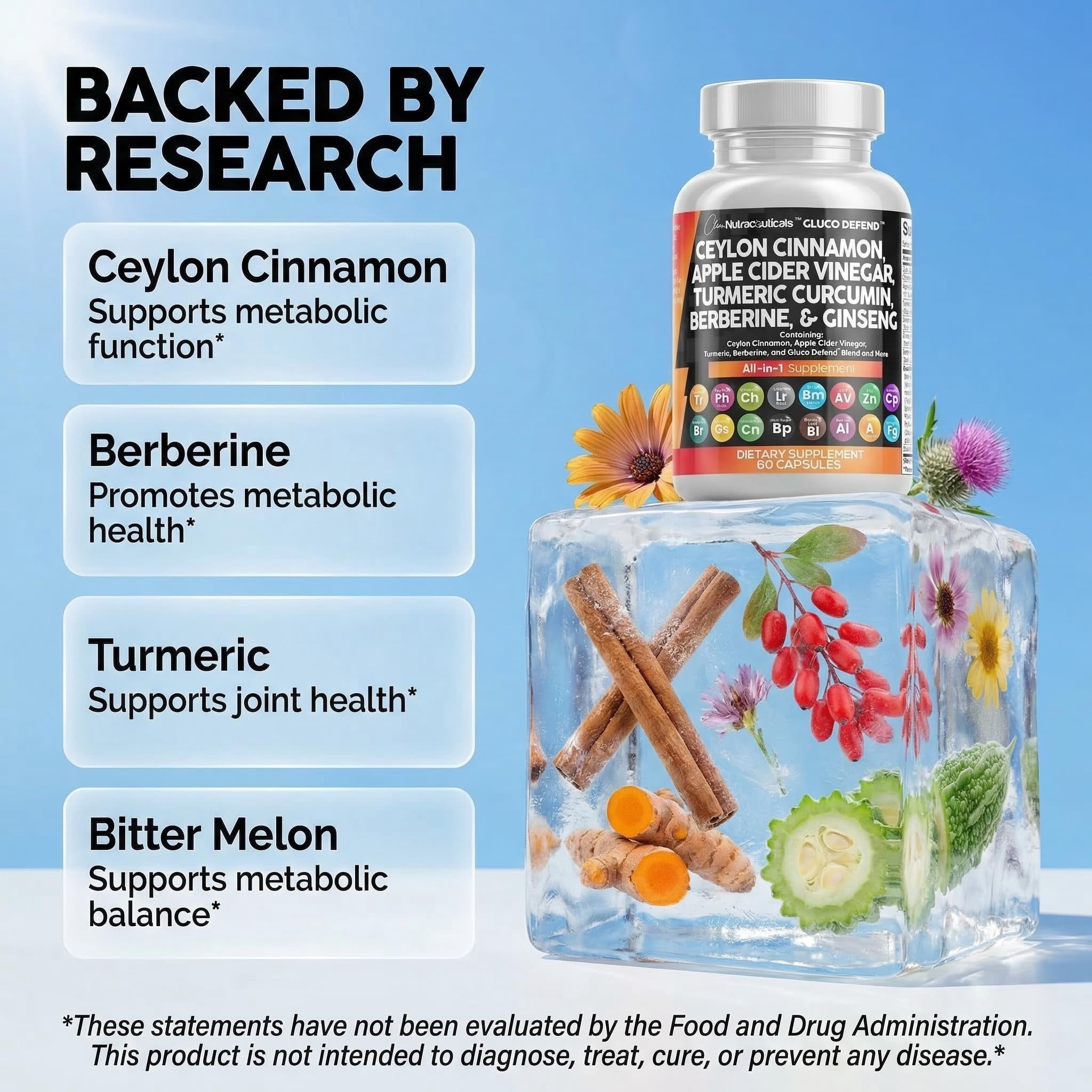 Clean Nutraceuticals Ceylon Cinnamon Capsules + Berberine Turmeric Apple Cider Vinegar Ginseng Bitter Melon Gymnema Milk Thistle Fenugreek Supplement Pills Powder for Men & Women