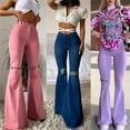 thumbnail image 2 of Flare Jeans For Women Ripped Flared Jeans Womens Vintage High Waited Bell Bottoms Jeans High Waist Knees Hole Wild Chic Tassel Hem Trousers Pink S, 2 of 4