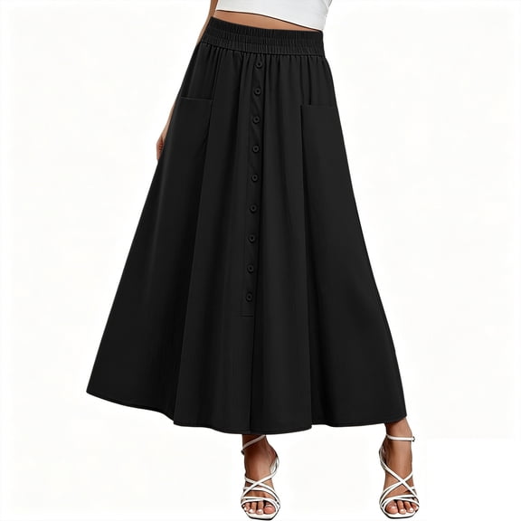 Amkhujs Flowy Skirts for Women Elastic High Waist Elegant Long Skirt with Pockets Casual Going Out Summer Skirt,Black,XXL