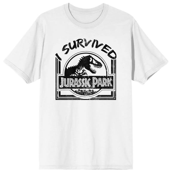Jurassic Park Franchise Logo text I survived text on White Ground Adult Crew Neck Short Sleeve T-shirt - Large