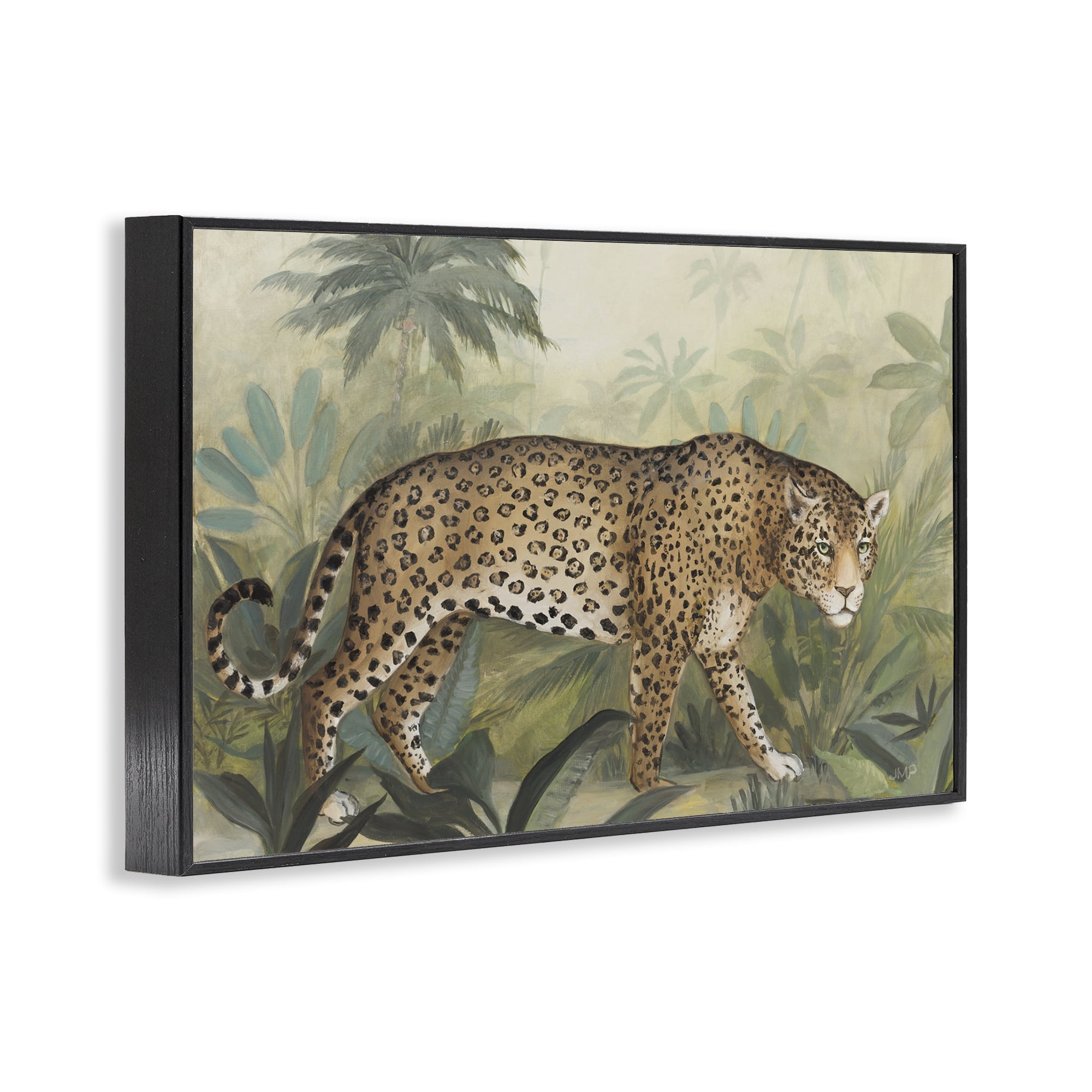 Stupell Industries Prowling Leopard in Forest Landscape Painting Black Framed Art Print Wall Art, 18 x 12