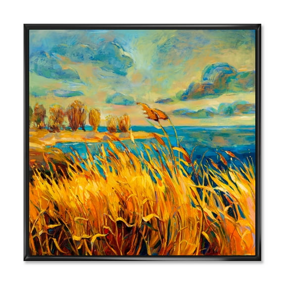 Sunset Over Vibrant Lake 16 in x 16 in Framed Painting Canvas Art Print, by Designart