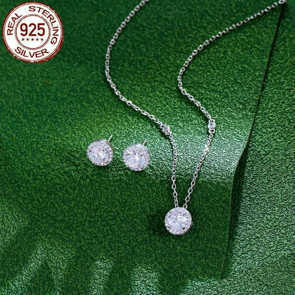 8mm CZ Stud Earrings Pendent Necklace 925 Sterling Silver Women Fine Jewelry Set