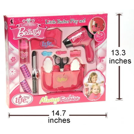 Beauty Salon Fashion 13 Piece Pretend Play Set With Hair Dryer, Curling Iron, Mirror, Scissors, Hair Brush, And