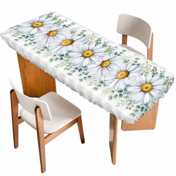 Daisy Table Cloths for 8 Foot Rectangle Tables, Spring Floral Grey Plaid Eucalyptus Leaves Patio Waterproof Elastic Fitted Tablecloths, Washable Rectangular Table Cover for Camping