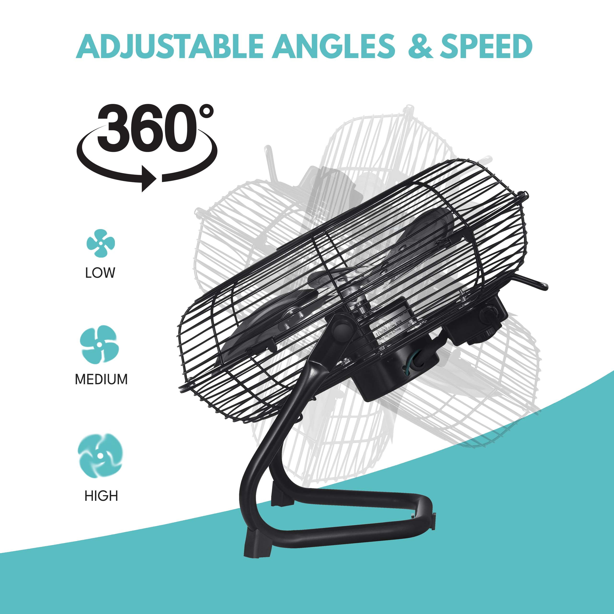 18" 3-Speed High-Velocity Industrial Heavy Duty Metal Floor Fan in Black with Tilting Head for Outdoor Indoor Use