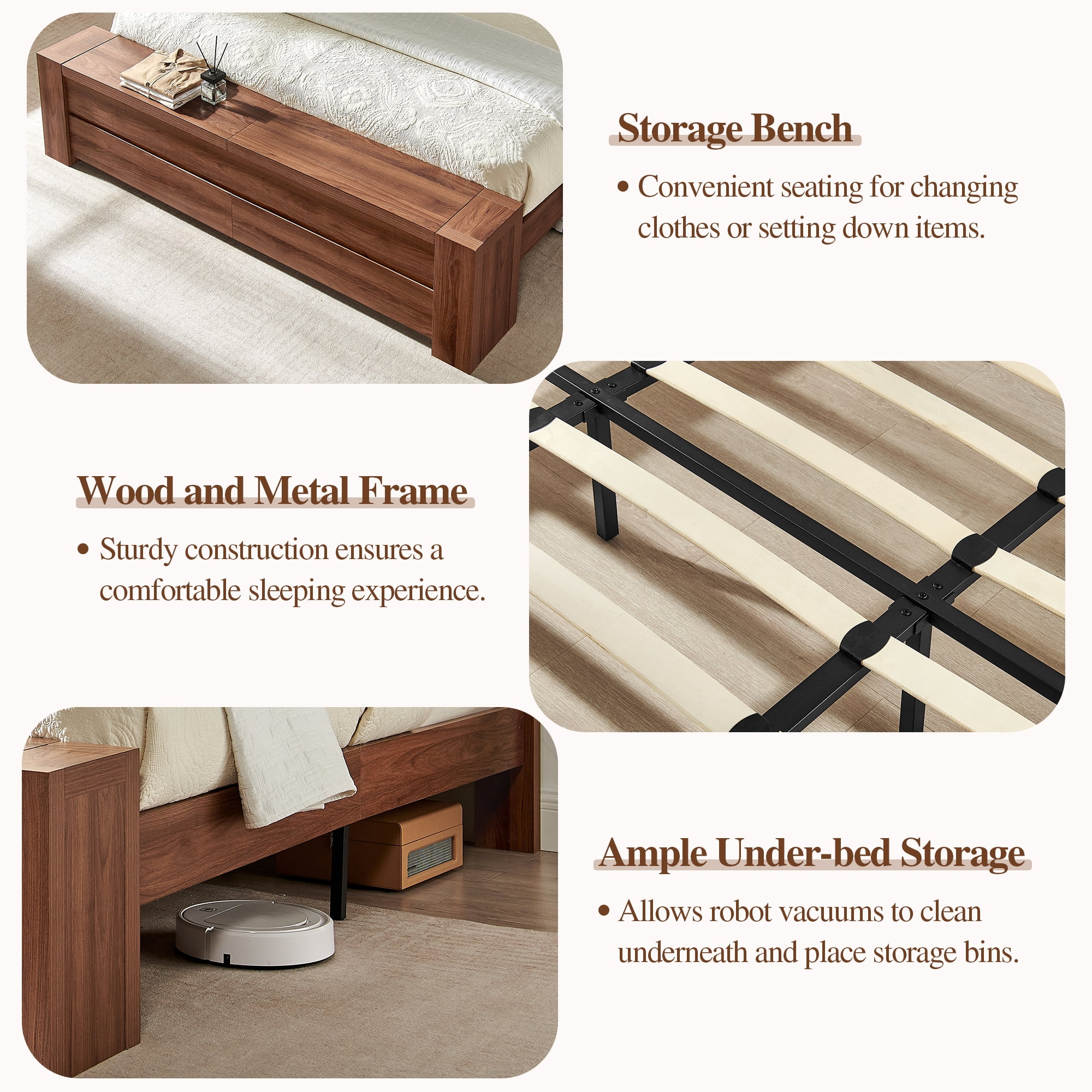 KeyWhat Modern King Size Storage Bed Frame with Panel Headboard, Footboard Storage Bench, Built-In Drawers, Lift-Up Compartments, No Box Spring Needed, Light Walnut