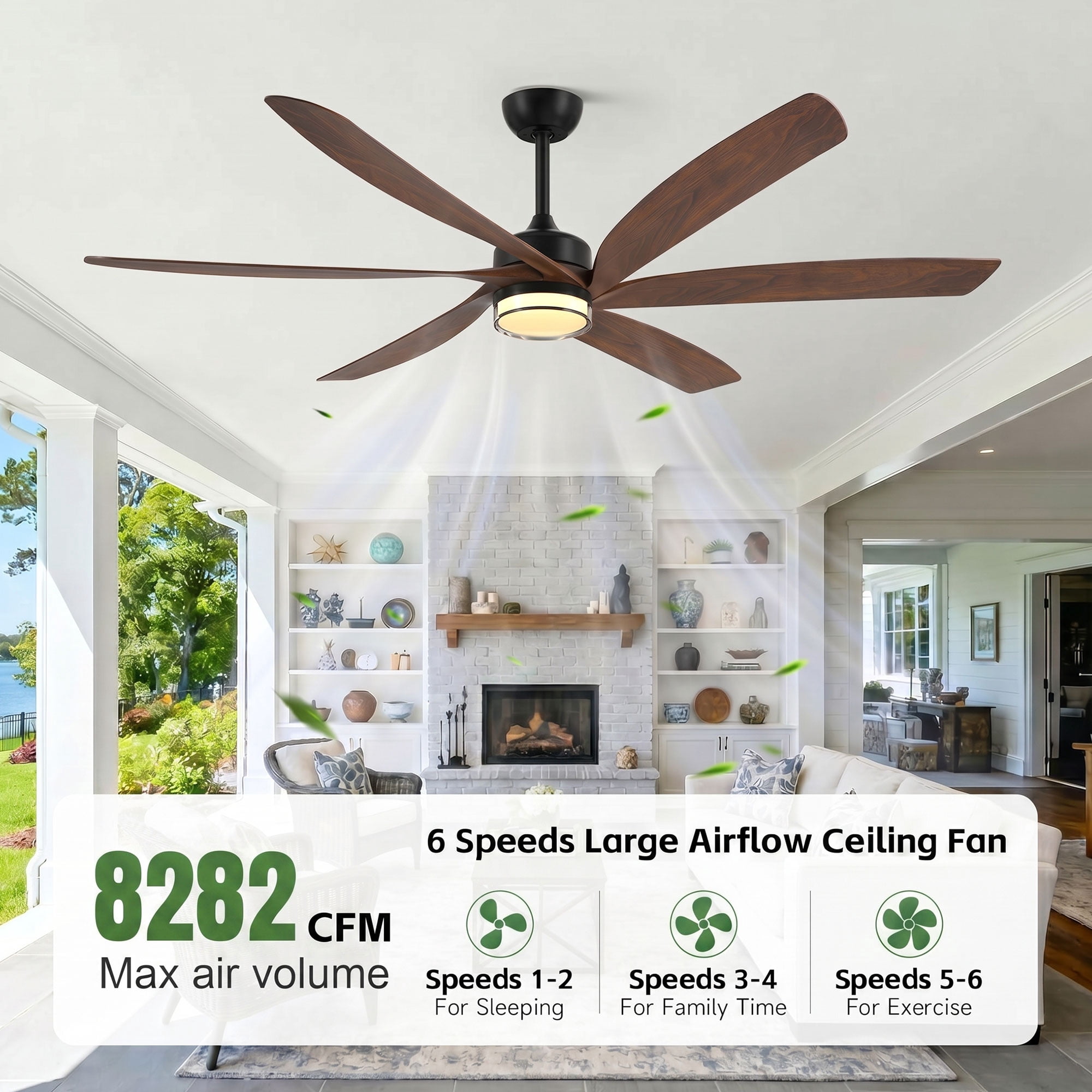 64 inch Farmhouse Ceiling Fans with Light and Remote, 6 ABS Blades Damp Rated Outdoor Patios Fan Works with Alexa Tuya App, Dula-Layer Lampshade