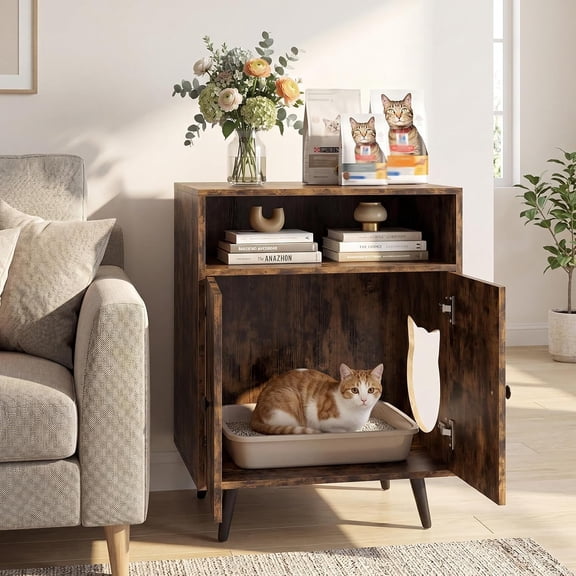 Cat Litter Box Enclosure, Wooden Enclosed Litter Box with Shelves, Hidden Litter Box Furniture End Table (Rustic Brown)