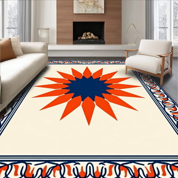 ODIKA 4'x6' Machine Washable Non-Slip Area Rug, Medallion Sunburst Trellis With Intricate Weaving High Traffic Rug, Orange, 352418