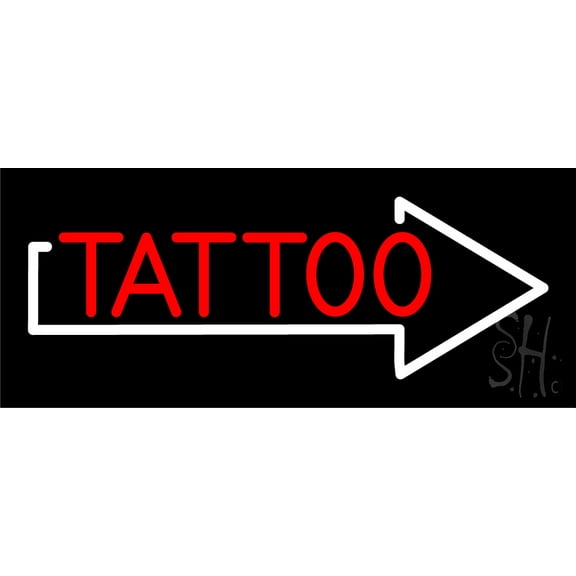 Red Tattoo With Arrow LED Neon Sign 6" Tall x 15" Wide - inches Black Square Cut Acrylic Backing, with Dimmer - Premium built indoor Sign for Storefront, Store interior, Workshop, Studio.