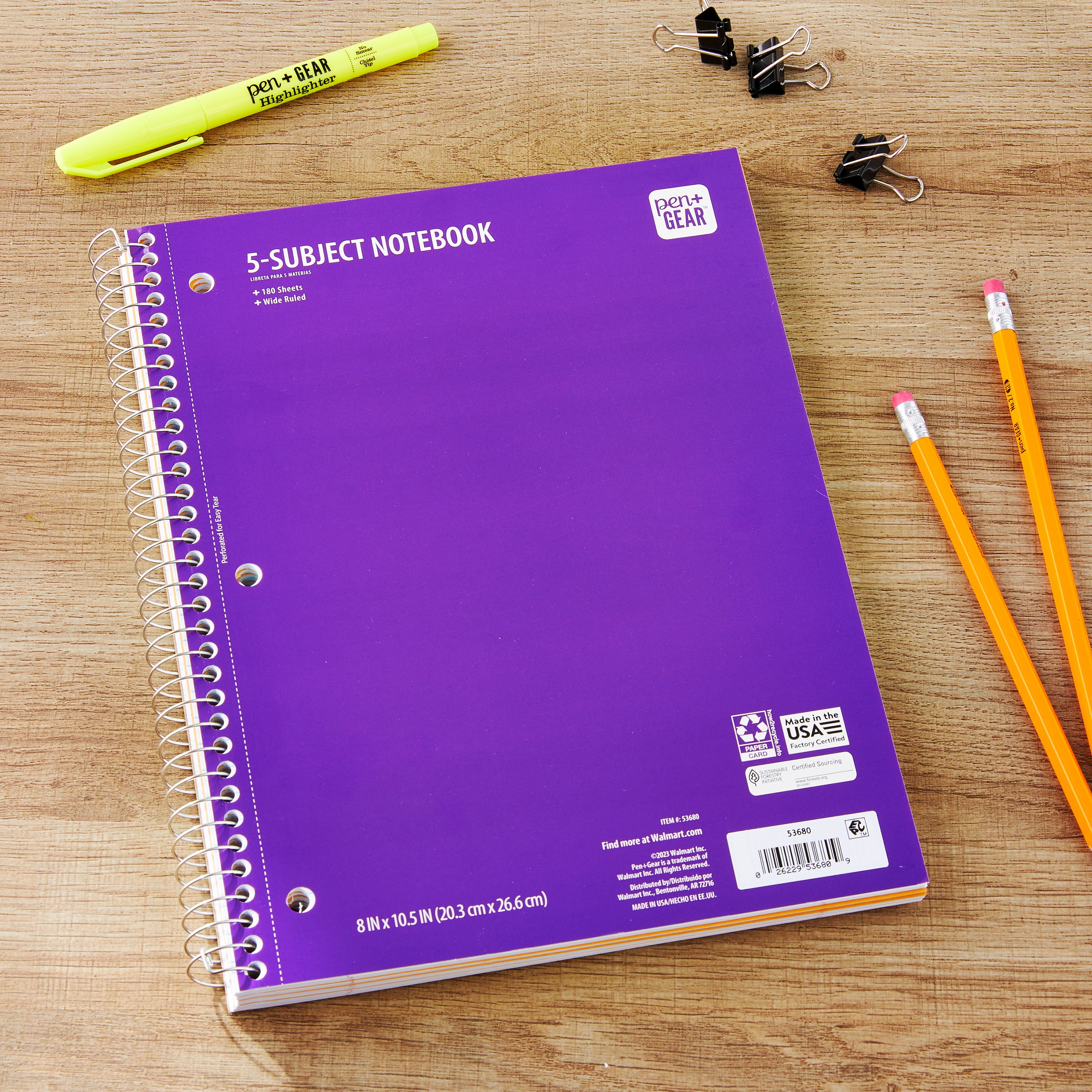 Pen + Gear Wide Ruled 5-Subject Spiral Notebook, Purple, 10.5" x 8", 180 Pages