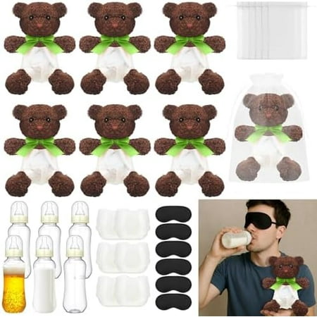 6 Set Bottle Chug Baby Shower Games Chocolate Brown Bear Blindfolded Diaper Changing Games Kits Bottles Diapers Blindfold Eye Masks Bear Baby Shower Party Guest Gifts